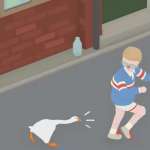 A screenshot from House House's Untitled Goose Game Wherein the Titular Goose Chases a Human