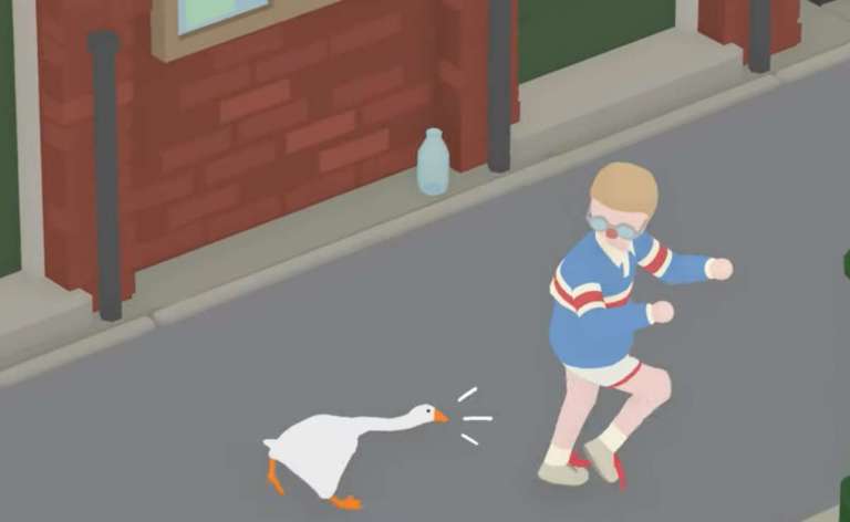 A screenshot from House House's Untitled Goose Game Wherein the Titular Goose Chases a Human