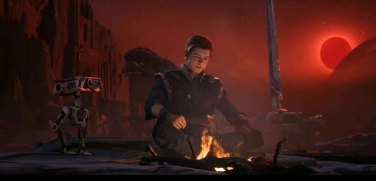 Cal Kestis and BD-1 from Star Wars Jedi Fallen Order meditate by a fire.