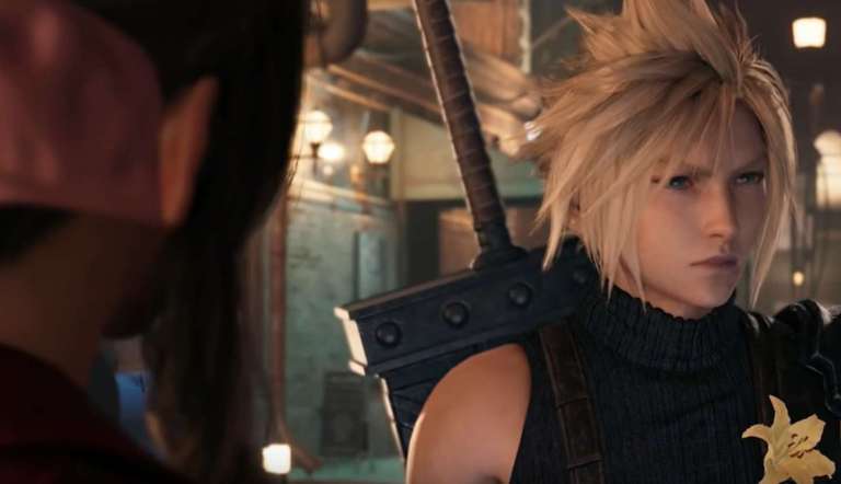 Cloud and Aerith talk on the streets of Midgar in Final Fantasy VII Remake