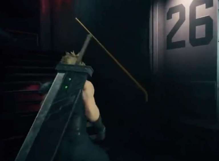 Cloud climbs stairs in Final Fantasy VII Remake