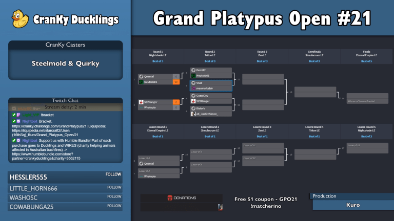 Cranky_Ducklings' Grand Platypus Open #21 StarCraft Tournament Has Begun!