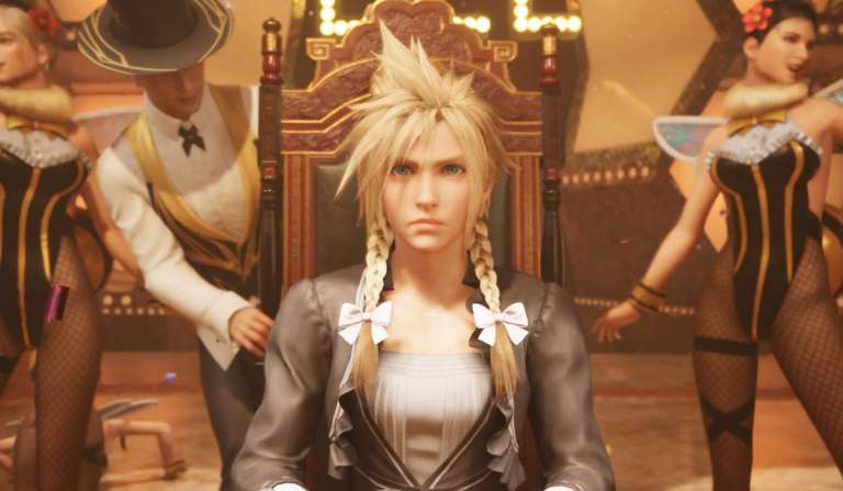 Cloud wearing a dress in Final Fantasy VII Remake