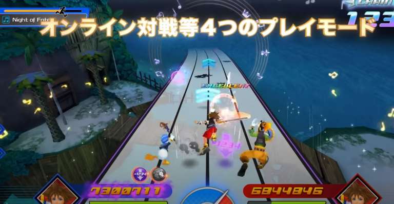 Sora, Donald, and Goofy fight in rhythm themed battles in Kingdom Hearts Melody of Memory