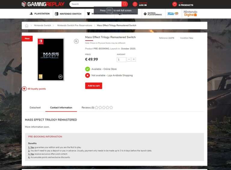 A screenshot from a Portuguese website that seems to confirm the existence of the Mass Effect Trilogy remastered