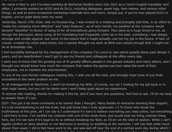 Kingdom Come Deliverance 2 Replaces Human Translator With AI