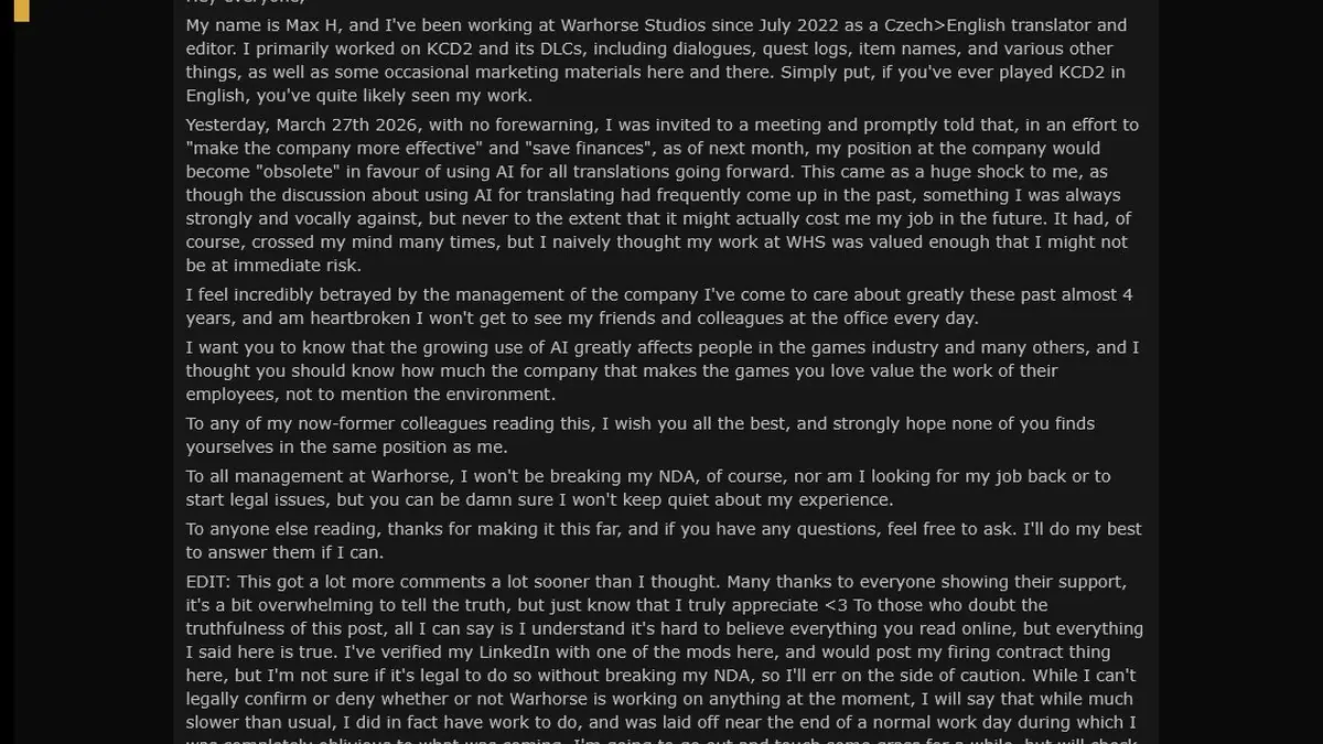 Kingdom Come Deliverance 2 Replaces Human Translator With AI